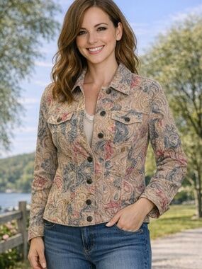 Vintage Analogy Petites Women's Textured Paisley Light Weight Jacket Size PP